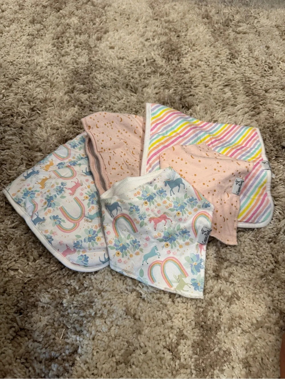 Copper Pearl burp cloths & Baby Bandana Bibs - Pastel Rainbow & Pink Set